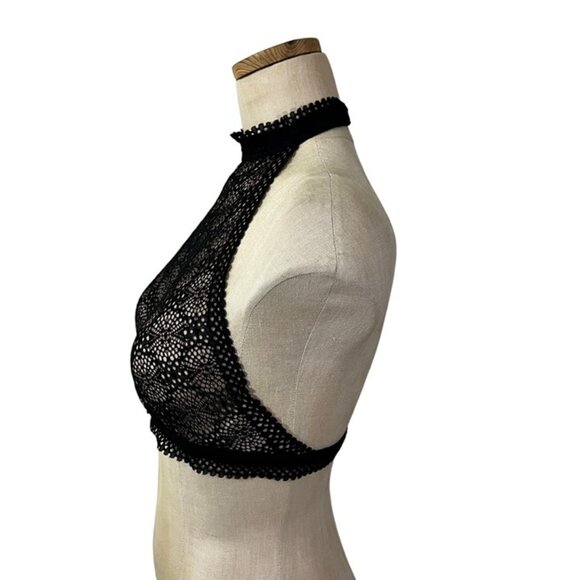 Victoria's Secret black lace bra S mesh high neck bralette underwire no padding - Picture 2 of 7